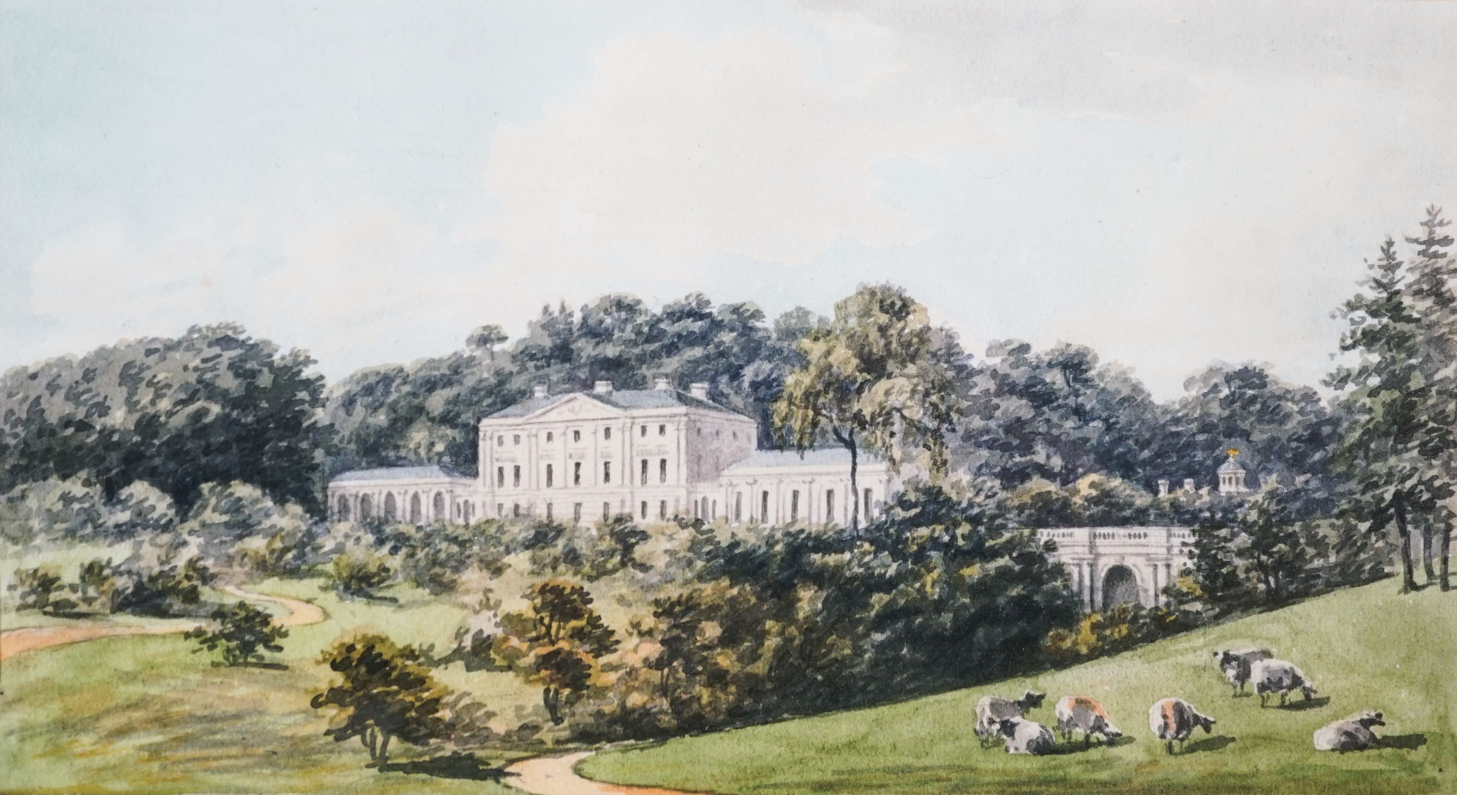 A group of assorted paintings and prints including a watercolour of Kenwood House and assorted engraved views of London